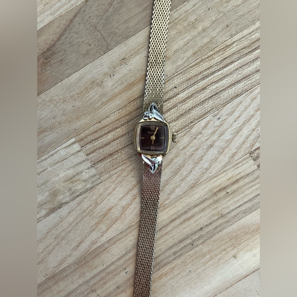 Bulova Diamond Ladies Vintage Watch Gold Plated Case Strap Burgundy Dial Works! - Picture 4 of 13
